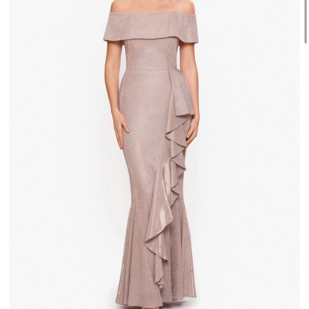 Metallic blush off the shoulder gown